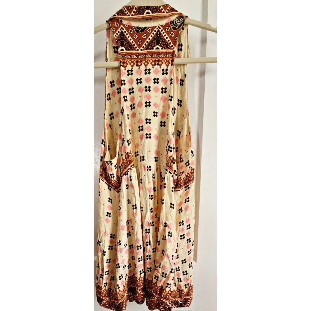 FREE PEOPLE women Rust print deep V neck‎ charlotte sleeveless tunic top Sz S